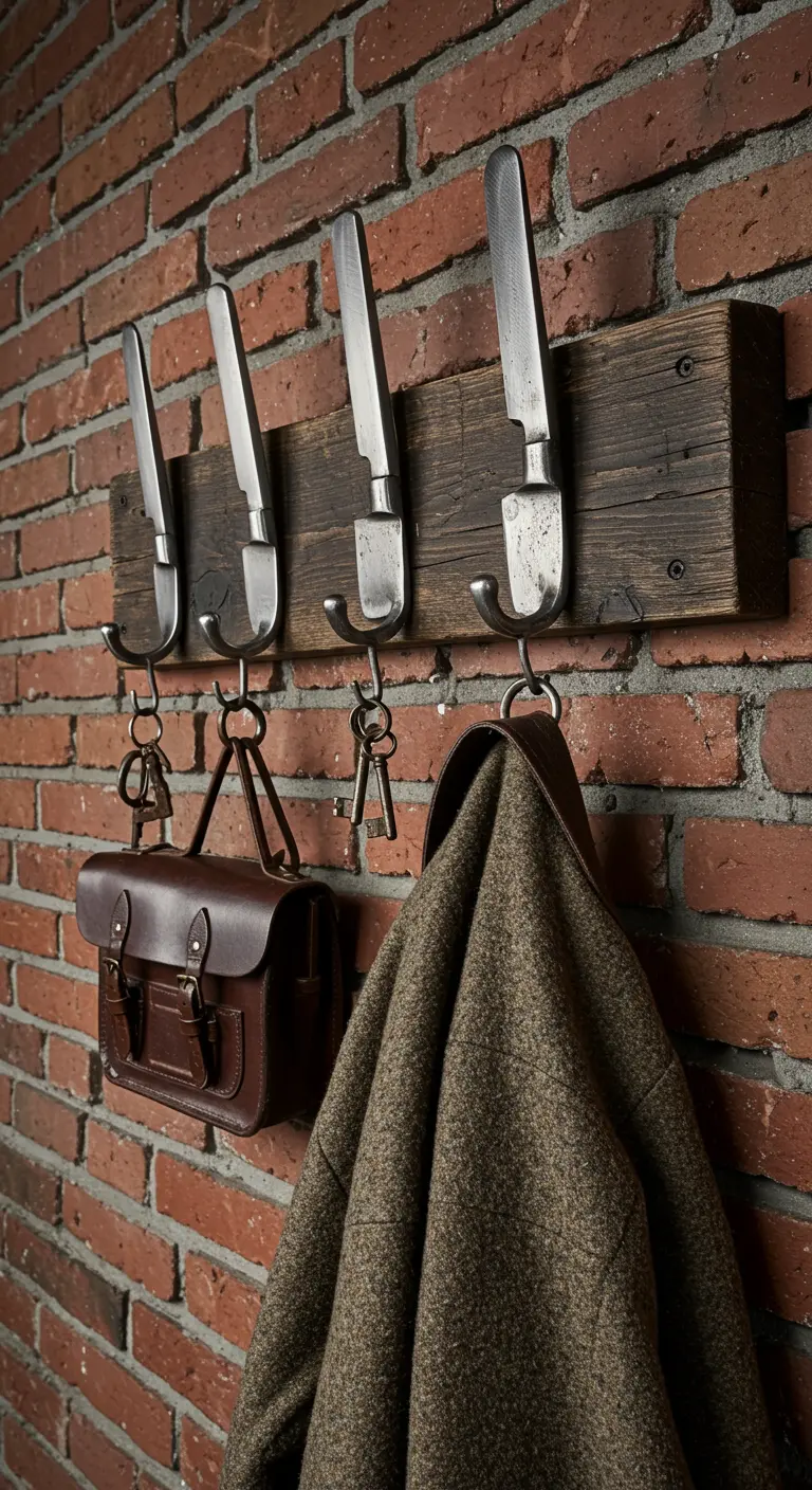 Cuchillos antiguos con las hojas dobladas como ganchos sobre madera oscura en una pared de ladrillo.