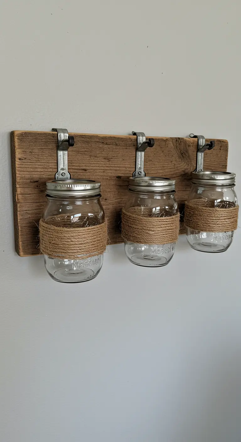 Tres frascos de yute colgados de una tabla de madera en la pared como organizadores.