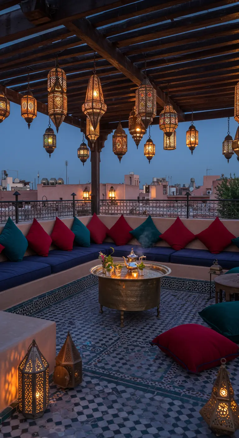 Terraza marroquí al anochecer con decenas de faroles colgantes iluminados sobre sofás con cojines.