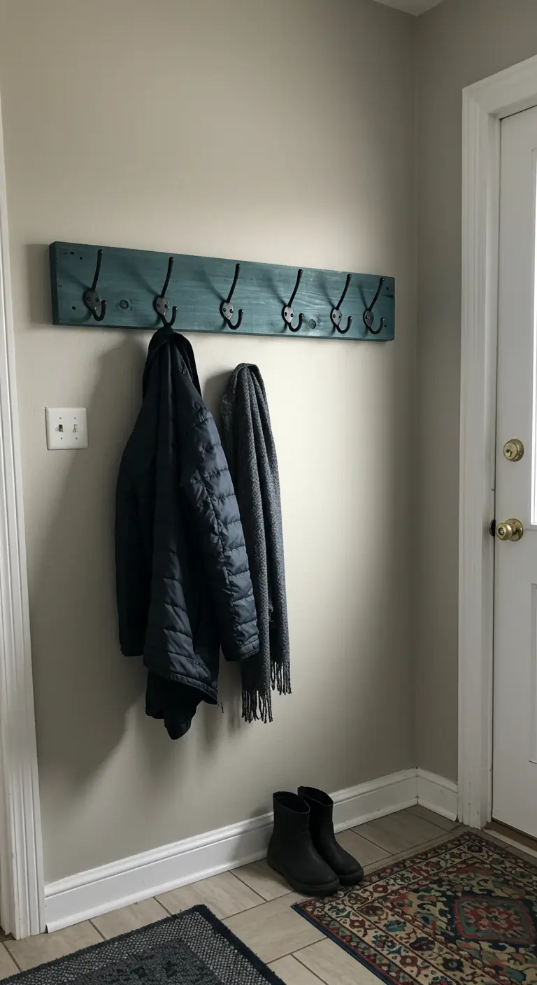 Perchero de pared hecho con una tabla de pallet pintada de azul y ganchos metálicos negros.