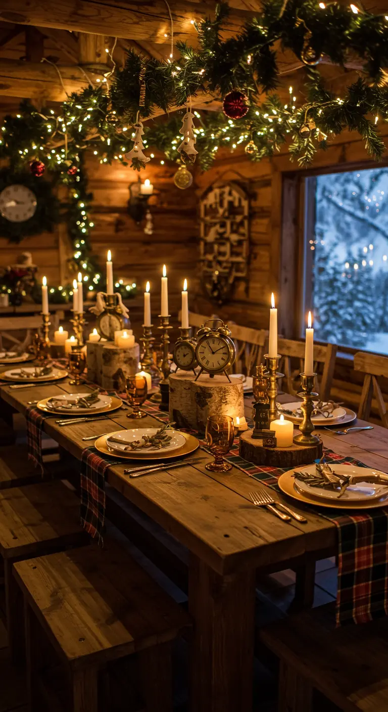 Mesa de madera rústica con relojes vintage, candelabros de latón y decoración navideña.