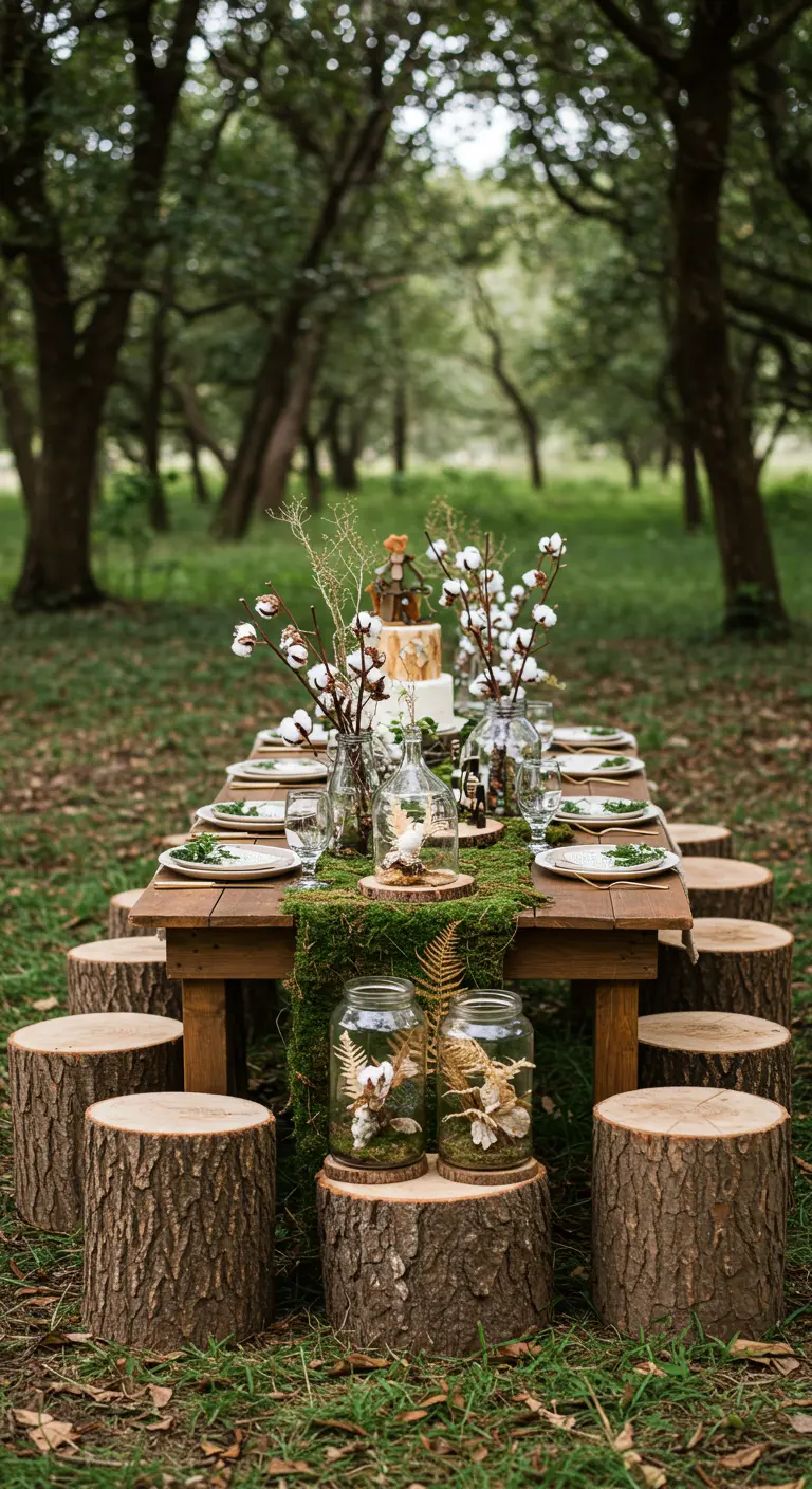 Mesa de madera en un bosque con asientos de tronco y centros de mesa con ramas de algodón en tarros.