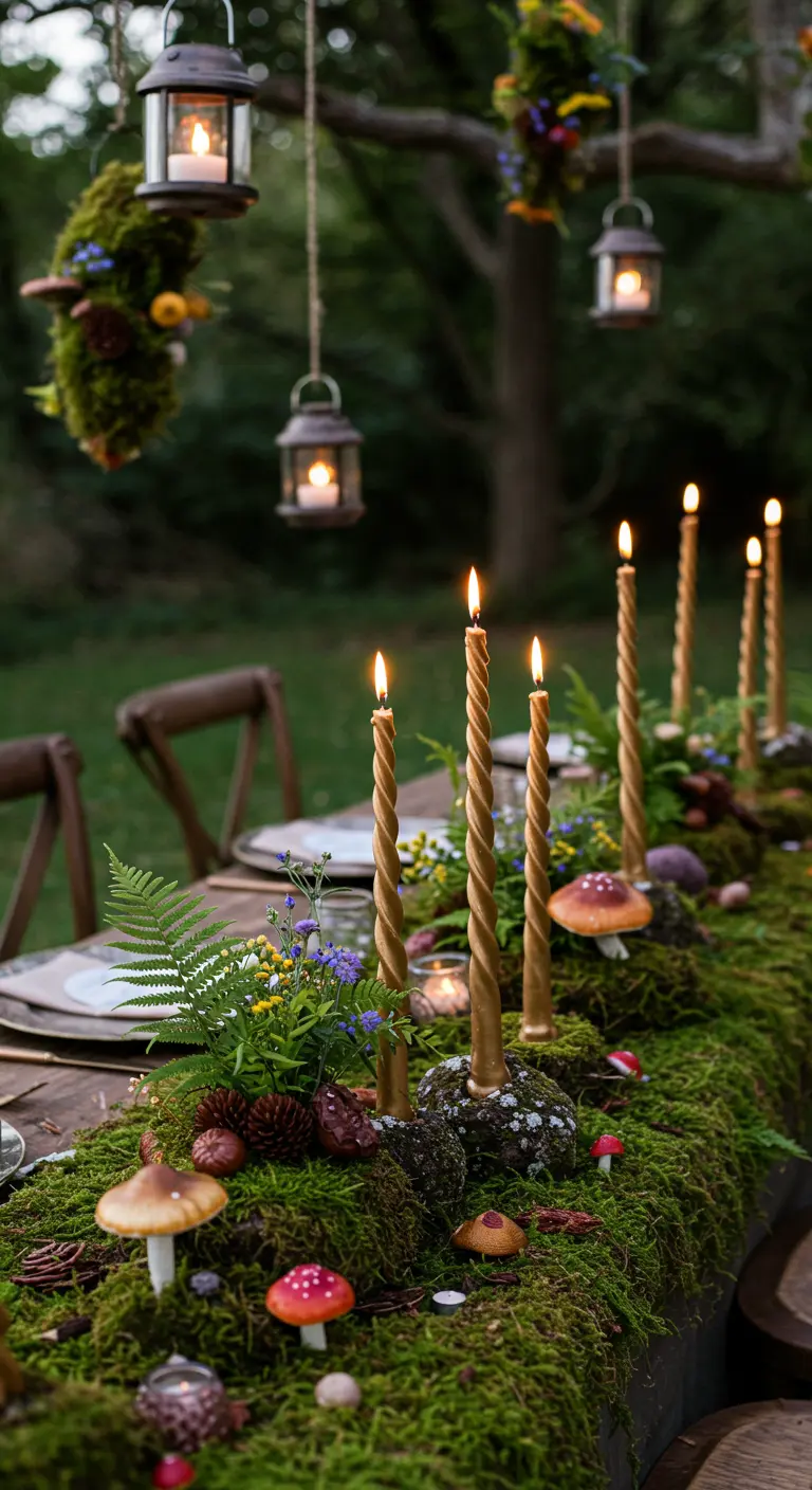 Mesa de jardín con un camino de musgo, setas decorativas y velas doradas retorcidas.