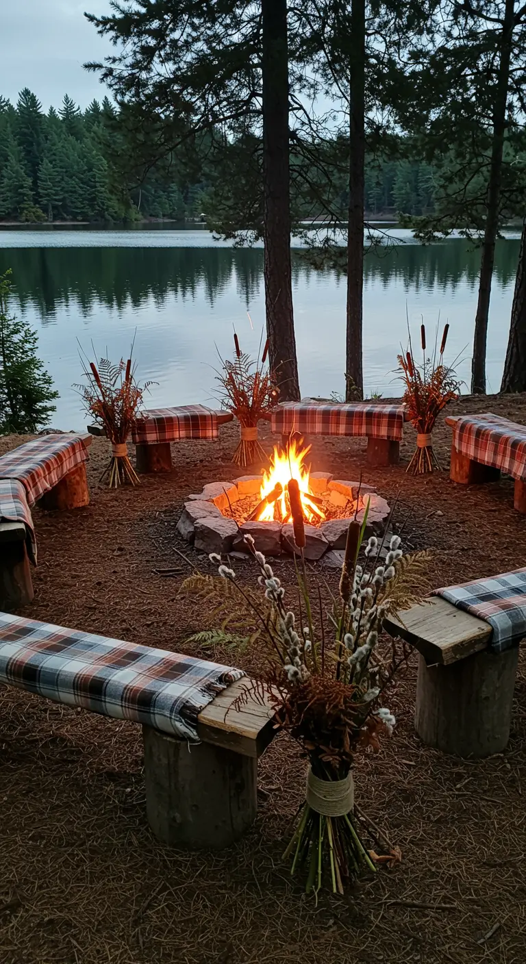Bancos de madera alrededor de una fogata con mantas de cuadros y arreglos silvestres.