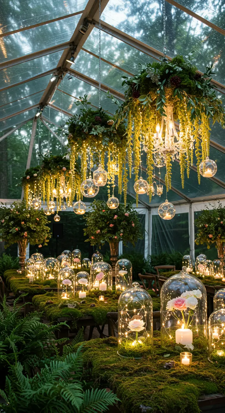 Mesas de boda en un entorno de bosque, con centros de mesa de flores bajo cúpulas de cristal.
