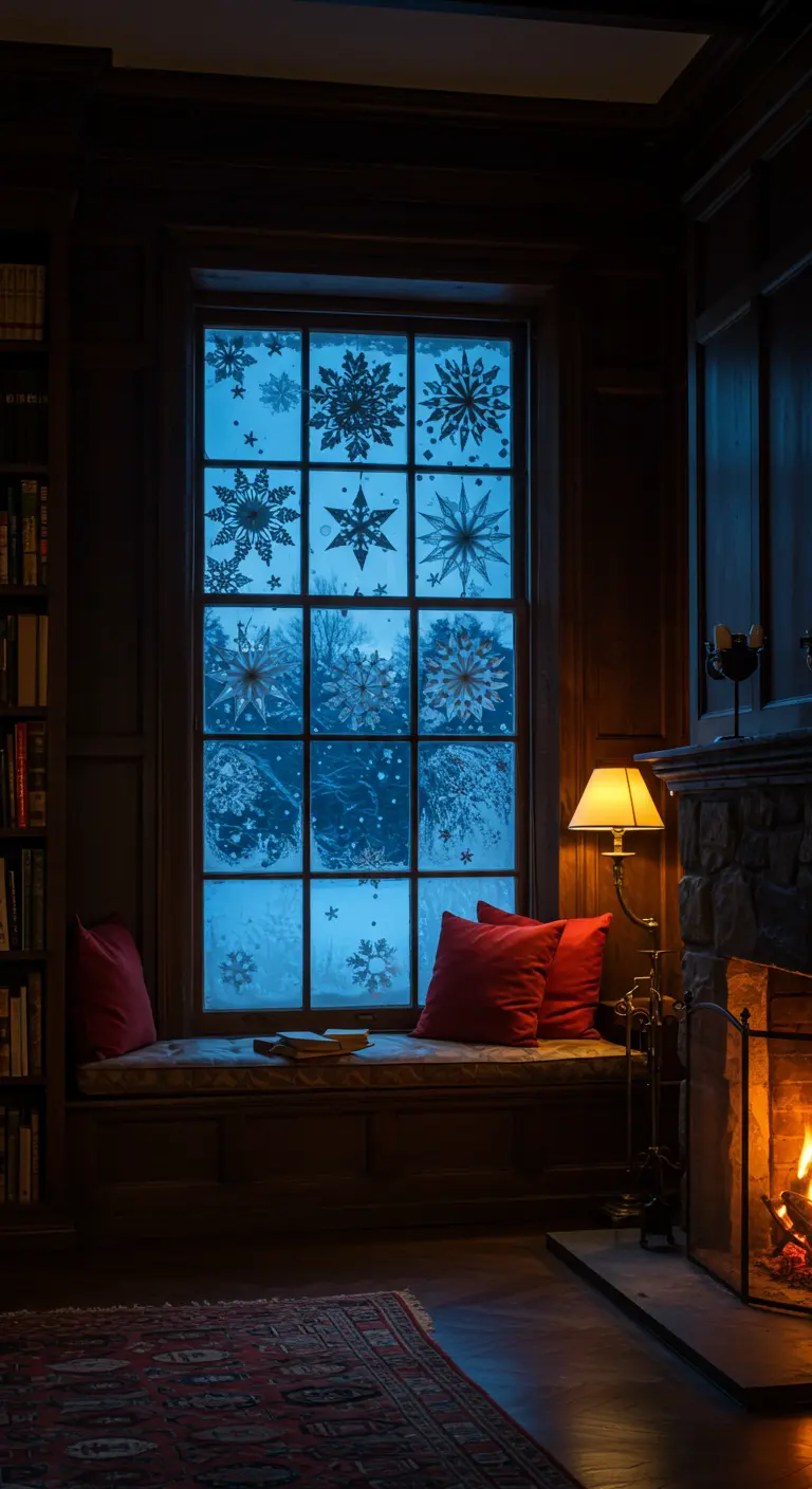 Una ventana con efecto de escarcha y copos de nieve junto a un asiento y una chimenea encendida.
