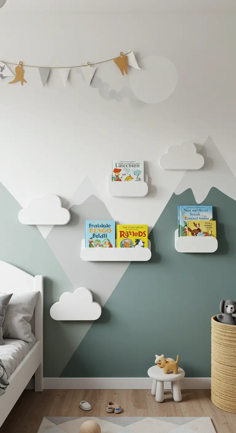 Habitación infantil con repisas blancas en forma de nube sobre una pared pintada con montañas.