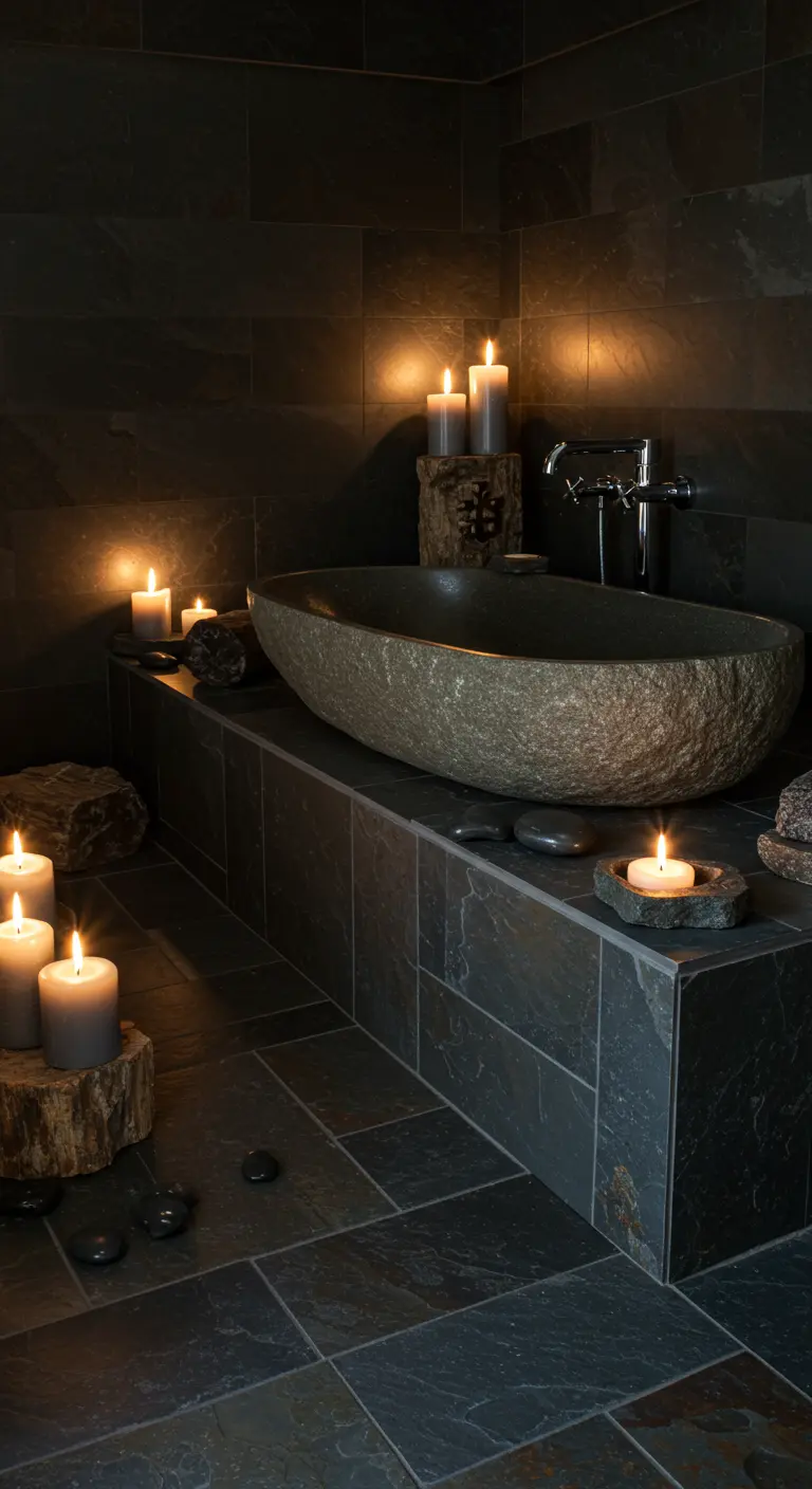 Baño de piedra oscura con lavabo rústico y velas colocadas sobre troncos de madera.