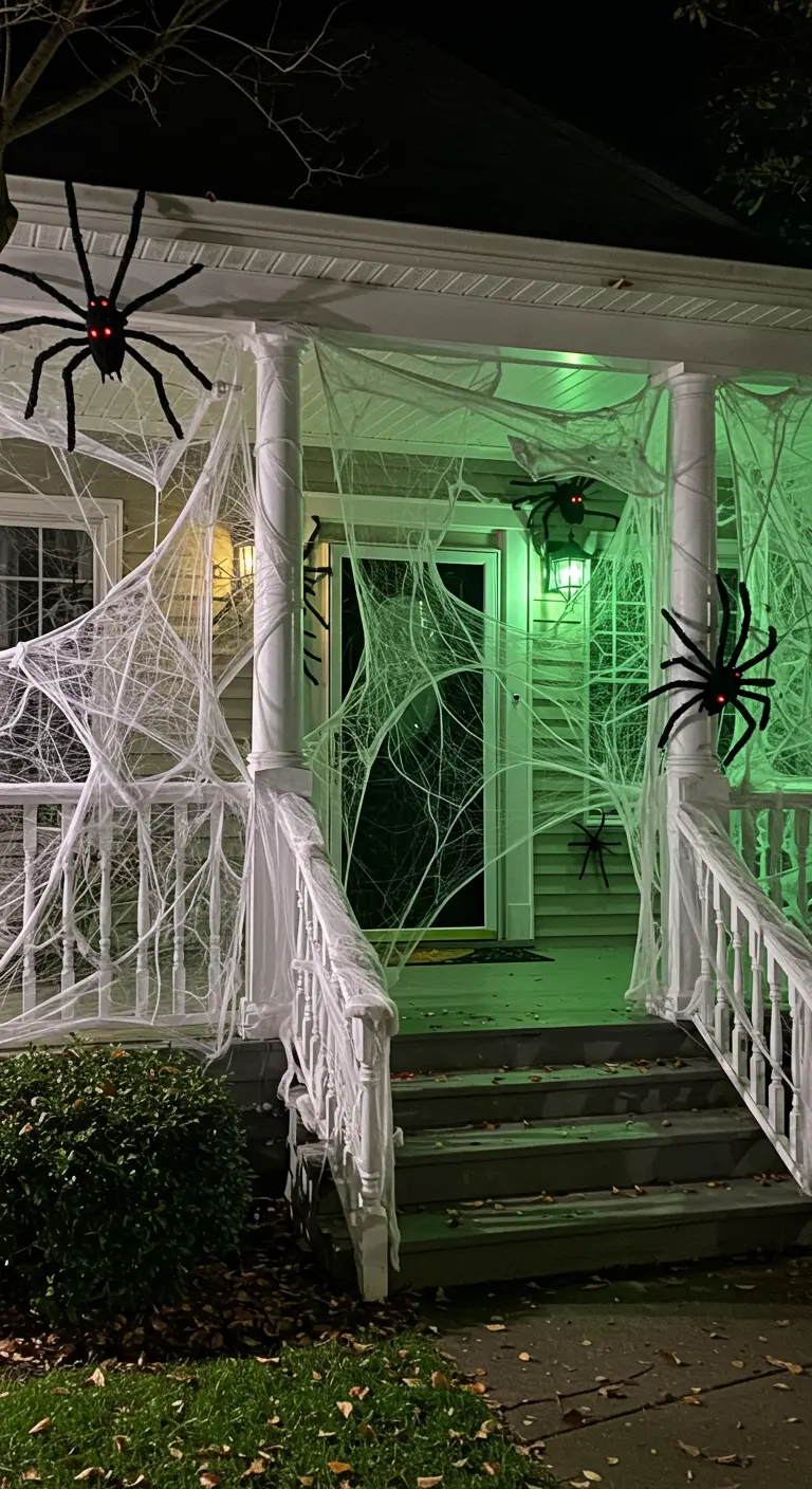 Porche cubierto de telarañas gigantes con enormes arañas negras con ojos rojos, iluminado en verde.