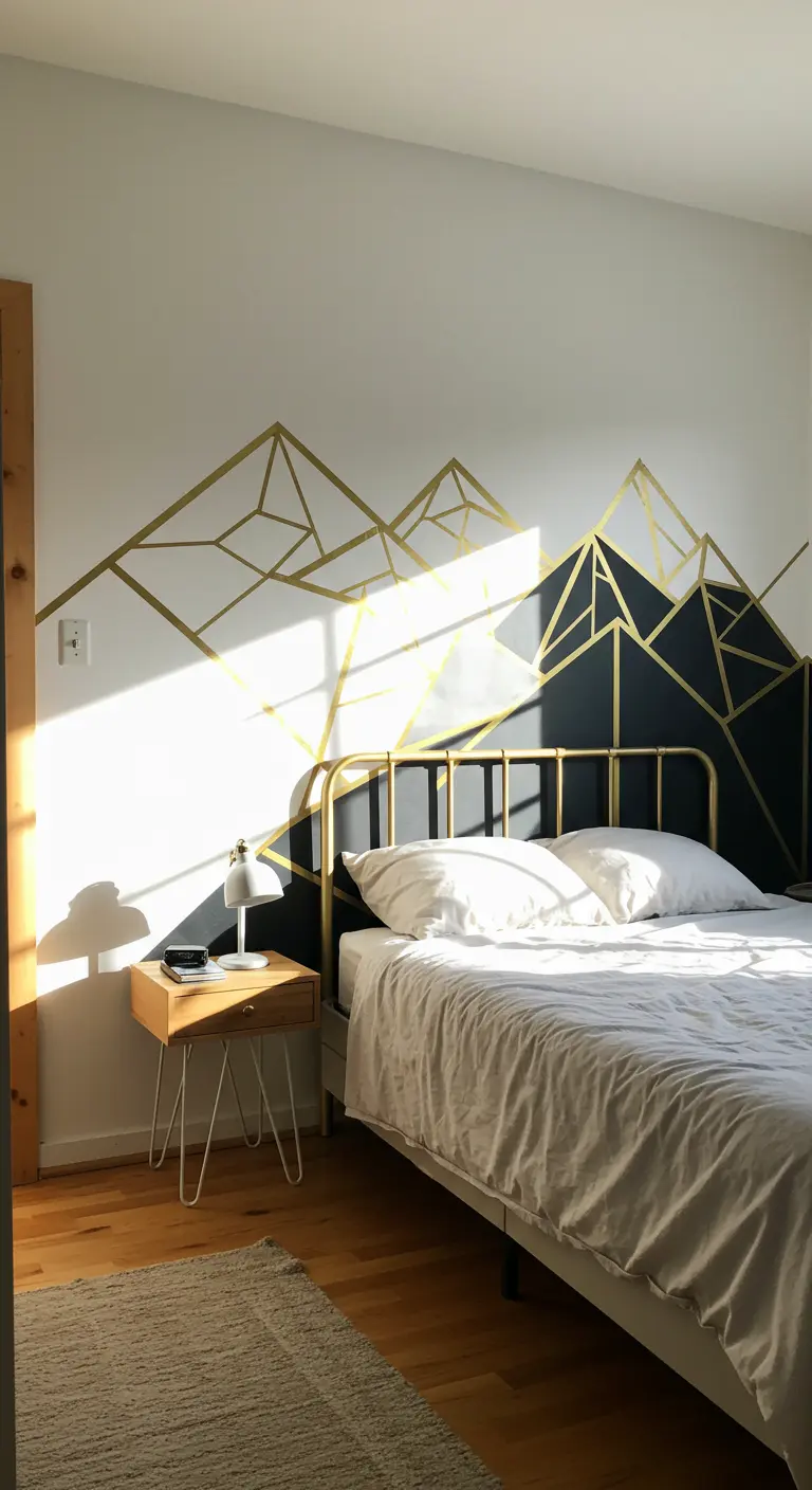 Pared de dormitorio con un mural de montañas geométricas creado con cinta washi dorada y pintura negra.