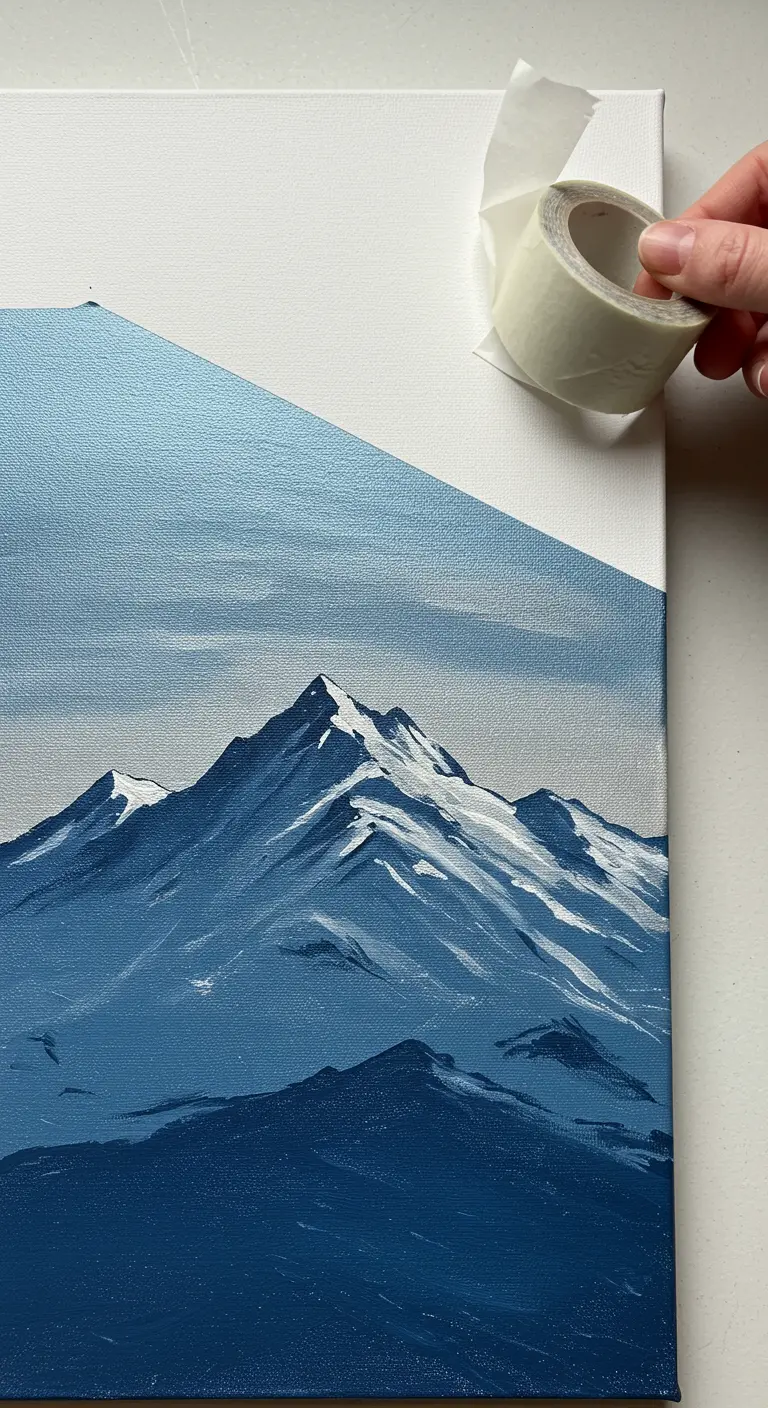 Pintura de un paisaje de montaña azul y blanco, con cinta de pintor en el borde superior.