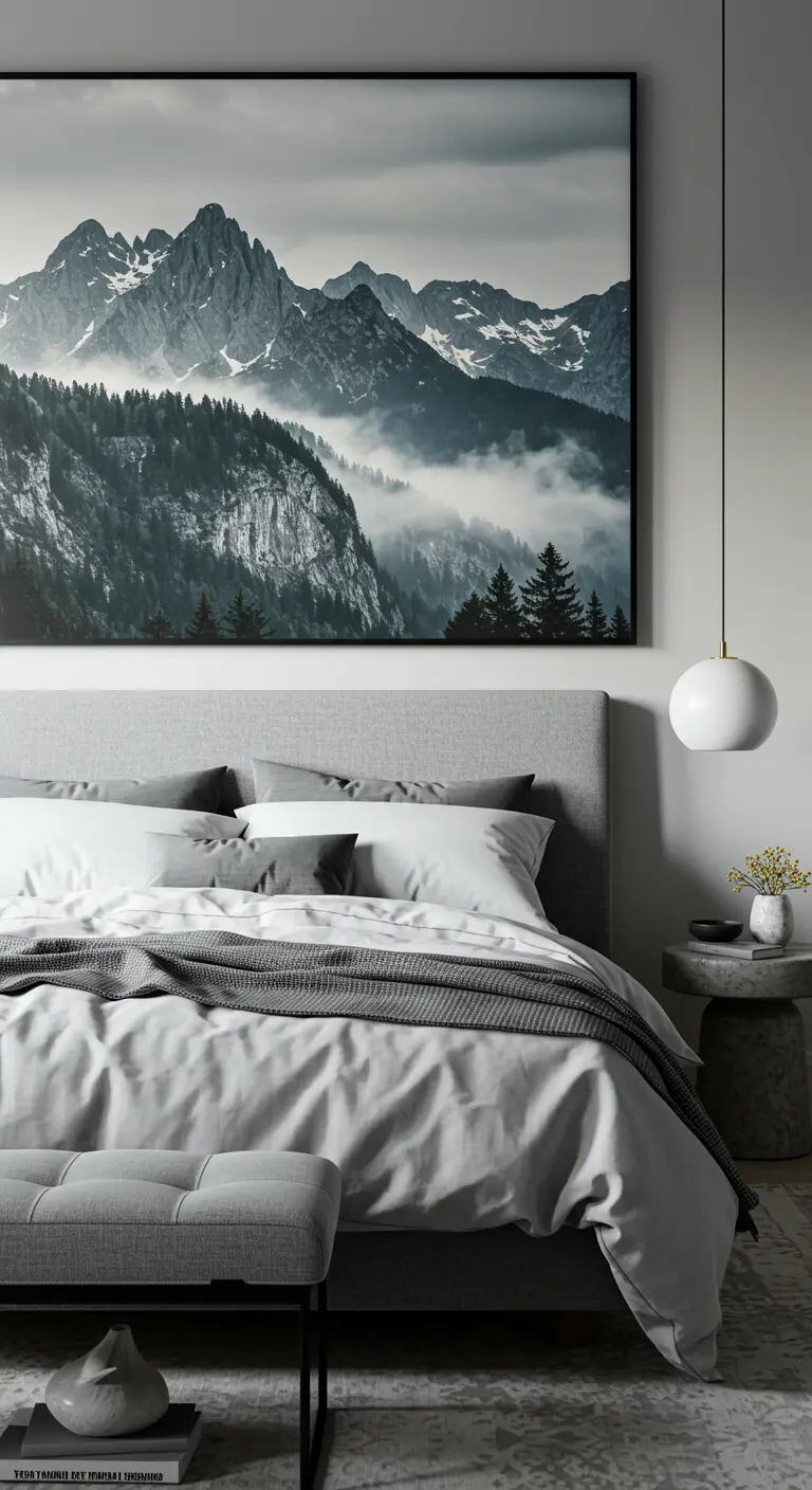 Dormitorio monocromático en tonos grises con una gran fotografía de montañas nevadas.