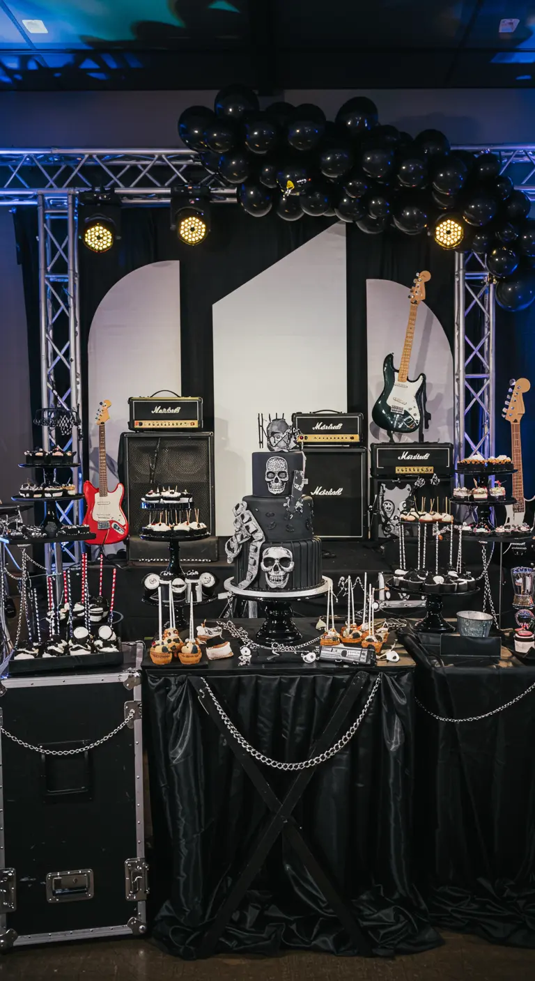 Mesa de postres con temática de rock and roll, decorada con guitarras y amplificadores.