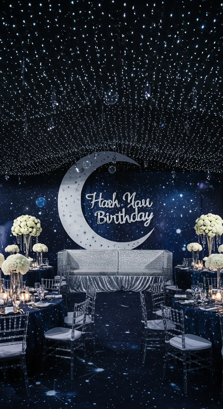 Decoración de cumpleaños con temática de estrellas y luna, con un techo iluminado como el cielo nocturno.