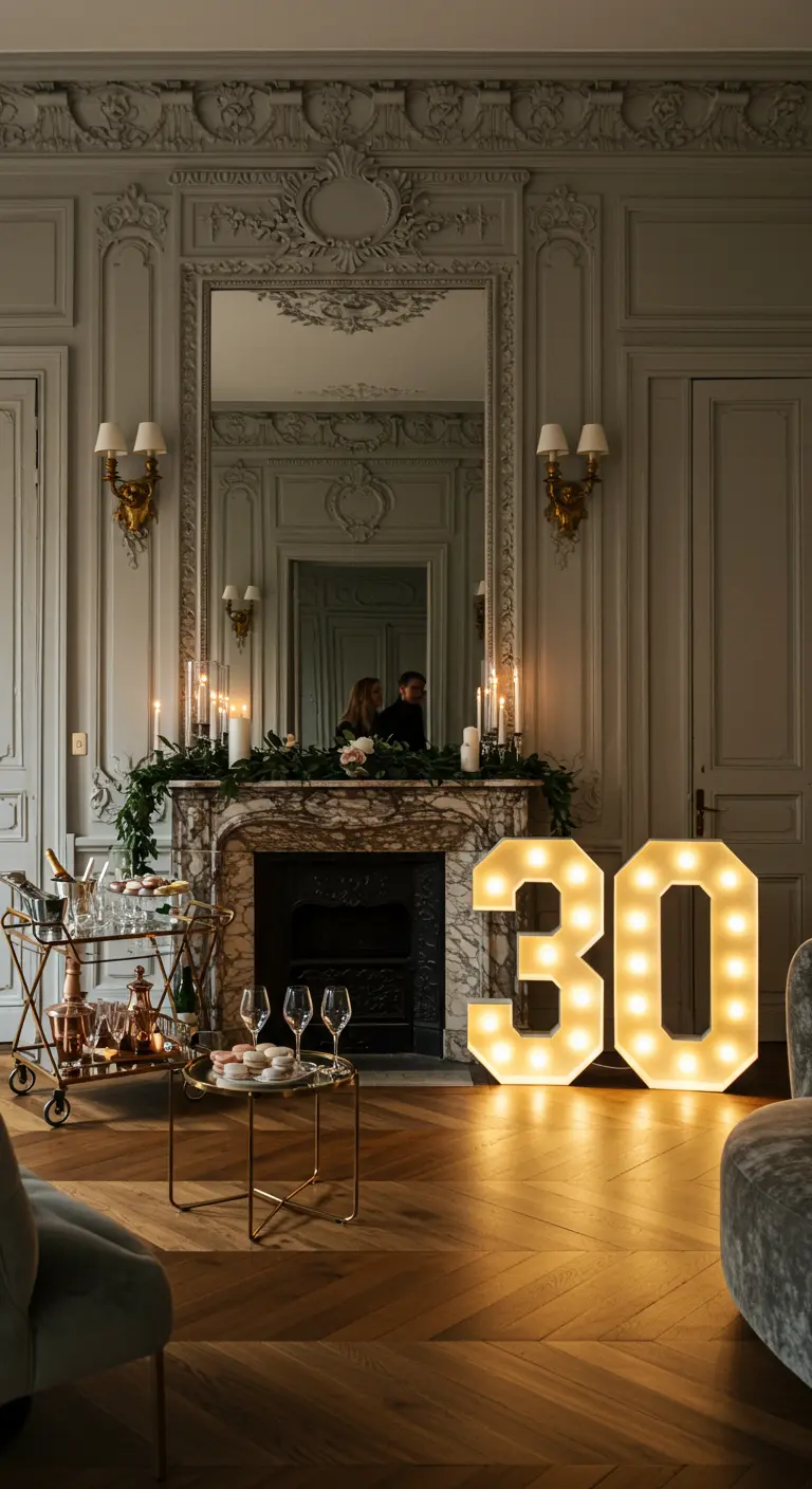 Números '30' iluminados junto a una chimenea de mármol en un elegante salón de estilo parisino.