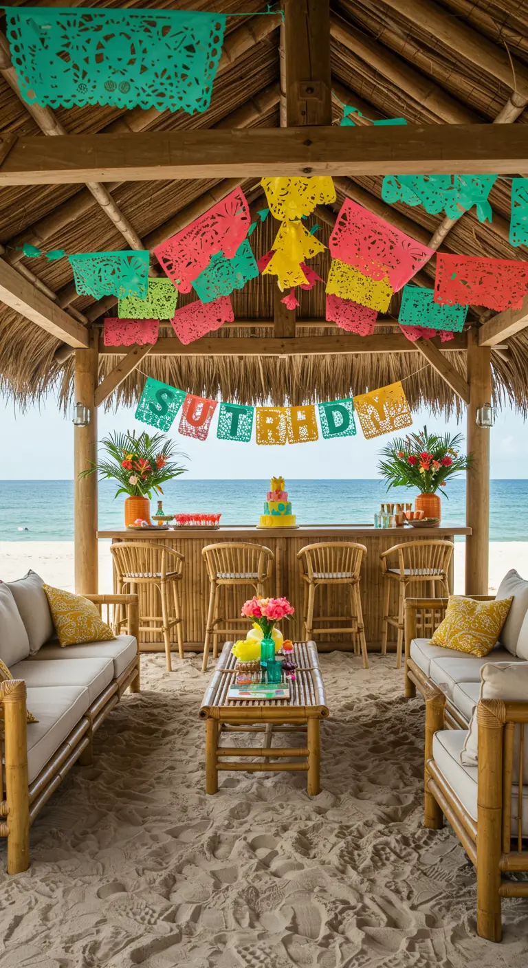 Cabaña de playa decorada para un cumpleaños con papel picado, sofás de bambú y vista al mar.