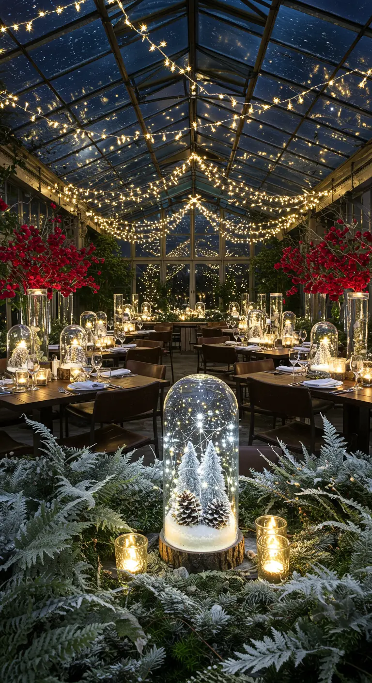 Centro de mesa con una cúpula de cristal que contiene mini árboles nevados y luces.