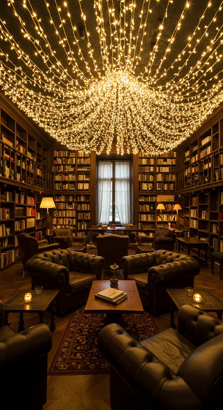 Biblioteca clásica con sofás de cuero y un techo cubierto de luces formando una cúpula.