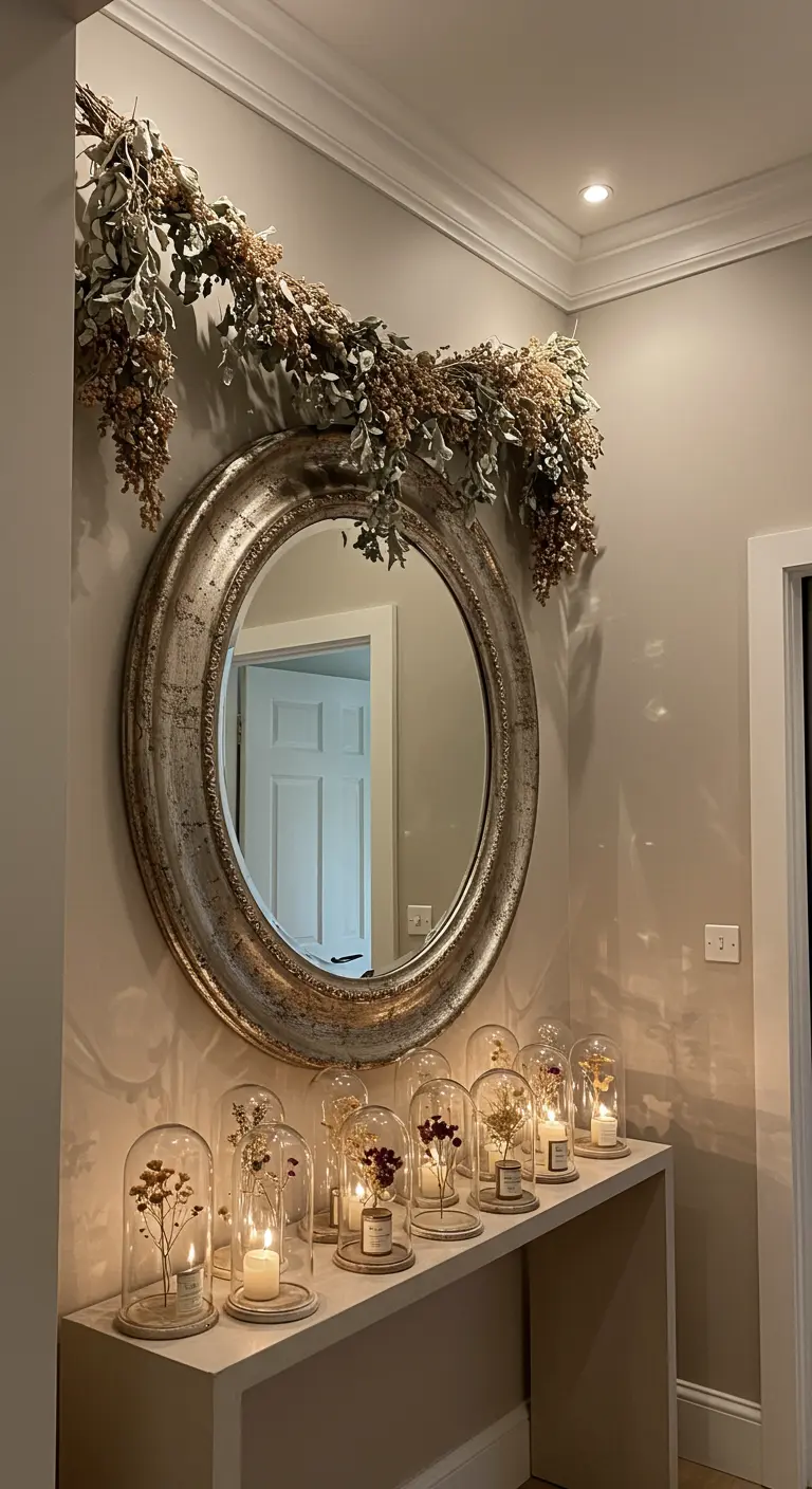 Consola con velas dentro de cúpulas de cristal y un espejo redondo con guirnalda de flores secas.