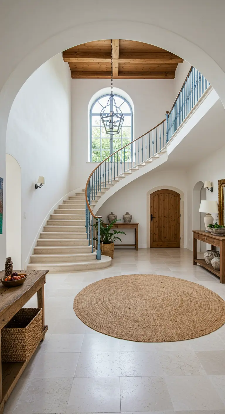 Recibidor de doble altura con escalera curva, barandilla azul, vigas de madera y alfombra de yute.