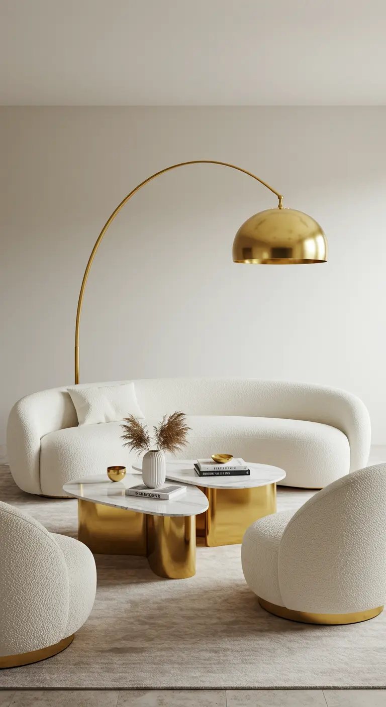 Sala de estar moderna con sofá curvo blanco, mesas de centro orgánicas doradas y una gran lámpara de arco