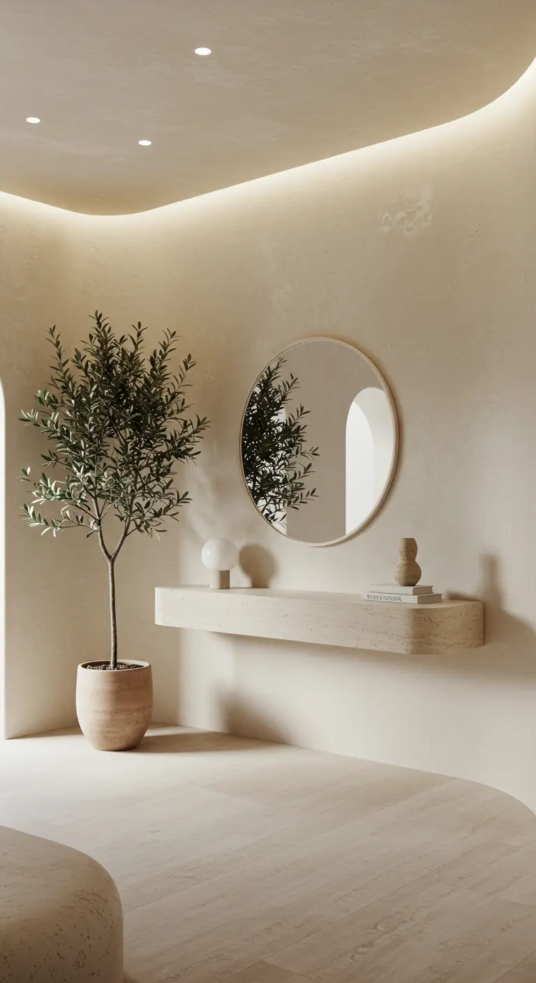 Recibidor con paredes curvas y consola integrada de color crema, con un olivo en una maceta
