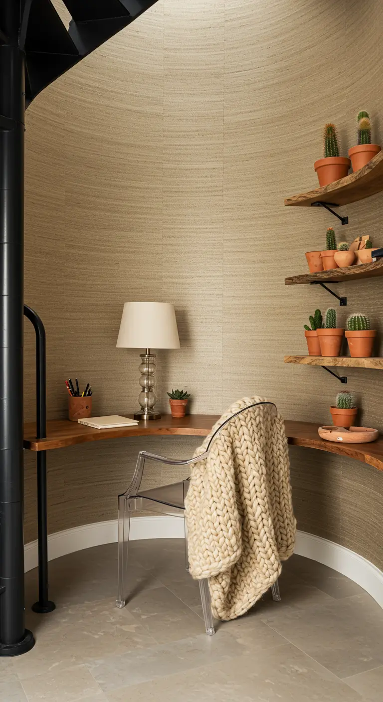 Oficina bajo escalera de caracol con escritorio curvo, silla acrílica y estantes con cactus.