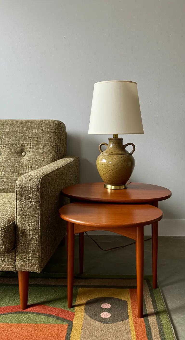 Mesas nido de madera de teca estilo Mid-Century Modern junto a un sofá de tela verde