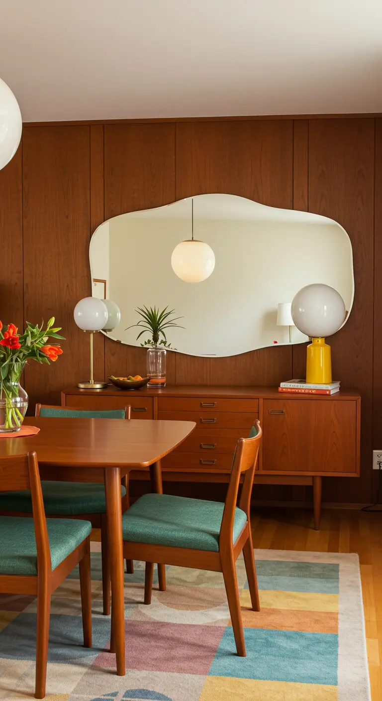 Comedor Mid-Century Modern con espejo de forma orgánica sobre aparador de madera