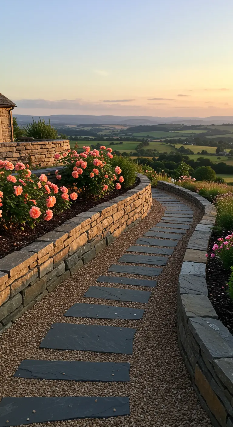 Sendero curvo de grava y losas de pizarra junto a un muro de piedra con rosales color melocotón.