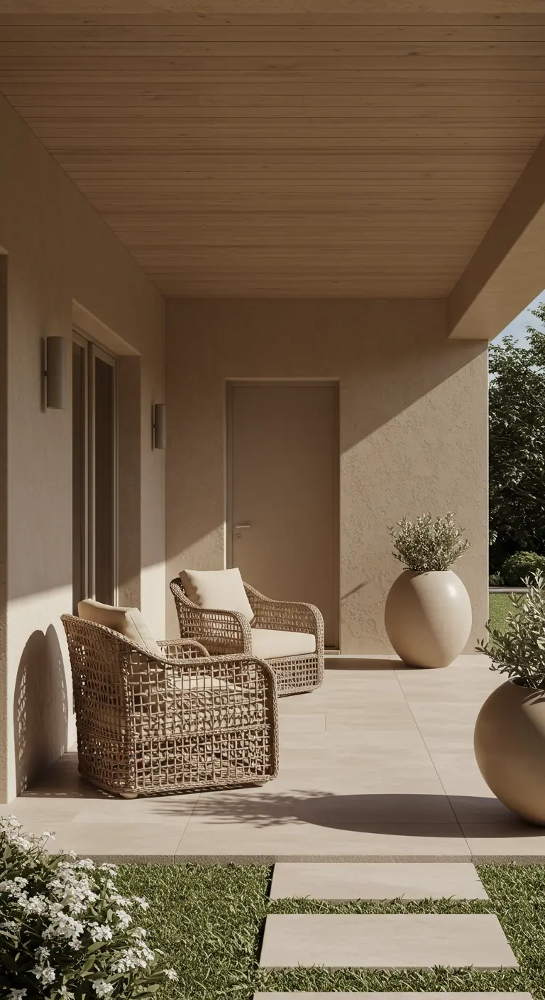 Terraza con sillones de mimbre, cojines blancos y grandes macetas esféricas de color crema.