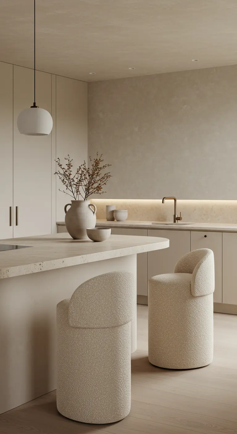 Cocina beige minimalista con isla curva y taburetes de tela bouclé.