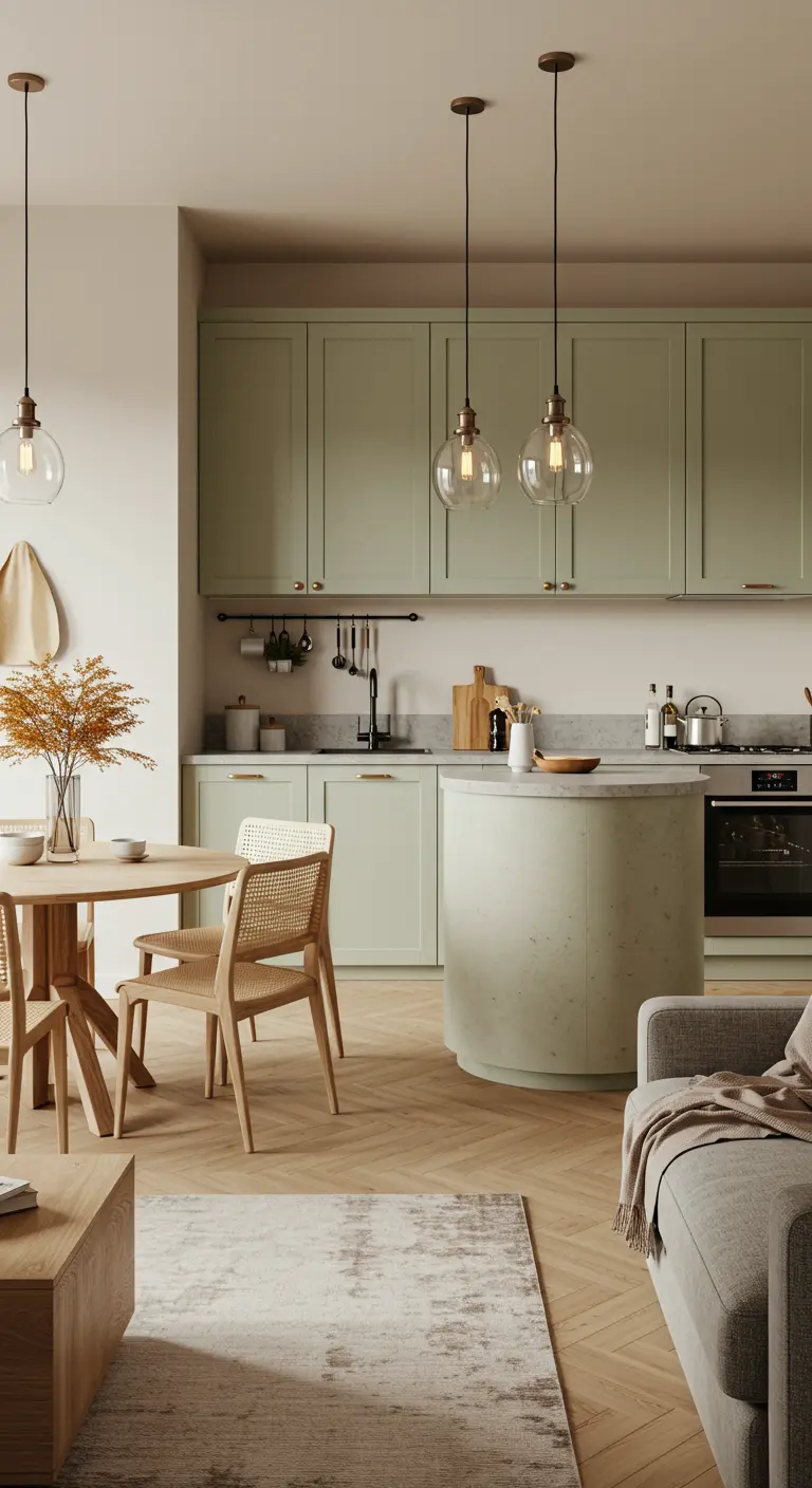 Cocina moderna con gabinetes verde salvia, una isla curva y sillas de madera y ratán.