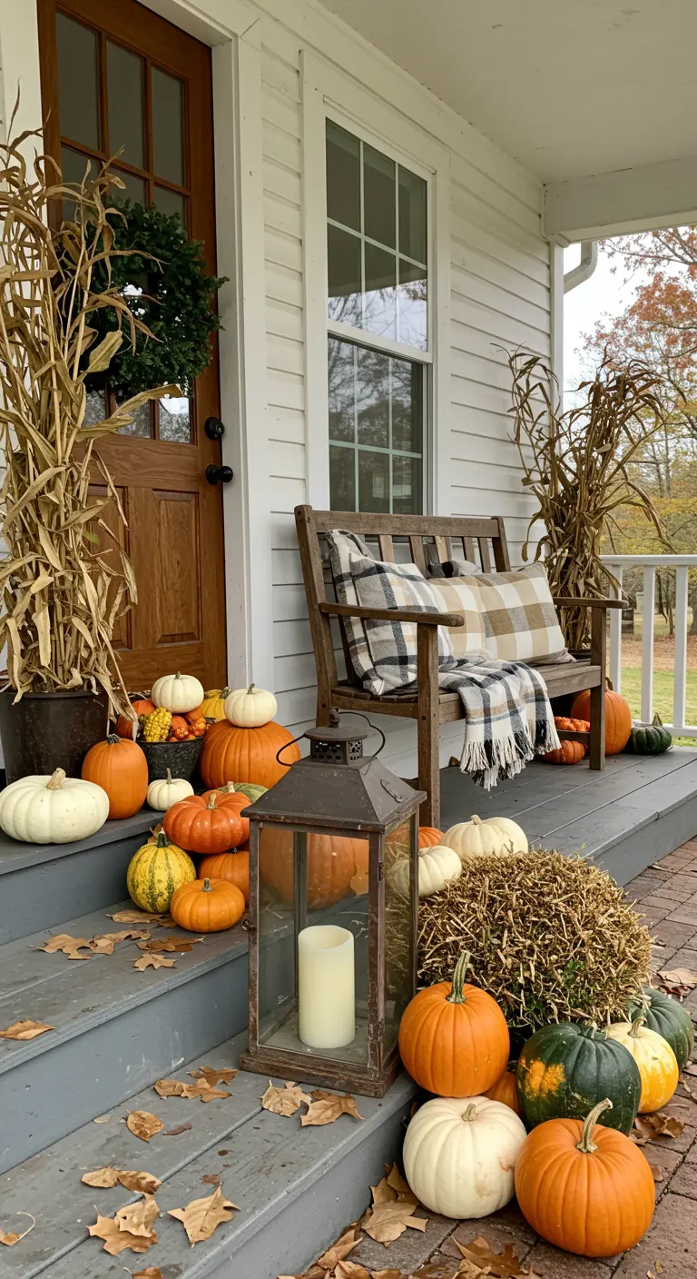 Porche decorado para el otoño con calabazas, un gran farol y un banco con una manta de cuadros.