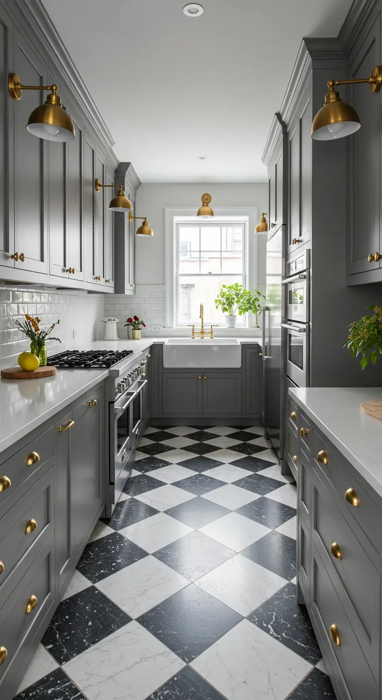 Cocina farmhouse gris con suelo de damero blanco y negro y detalles en latón
