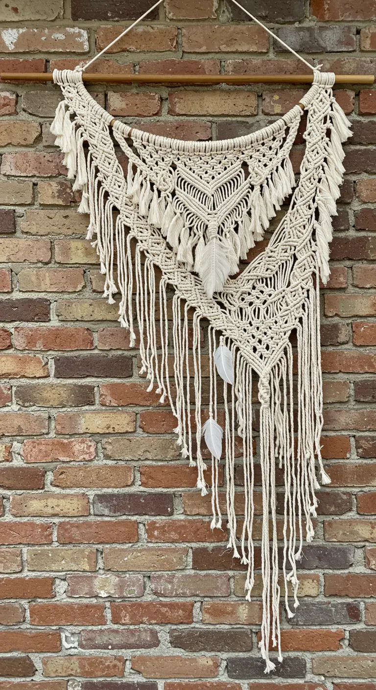 Tapiz de macramé asimétrico con borlas y plumas blancas colgando de una pared de ladrillo visto.