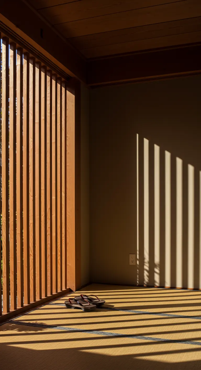 Luz del sol proyectando sombras de listones de madera en un suelo de tatami.