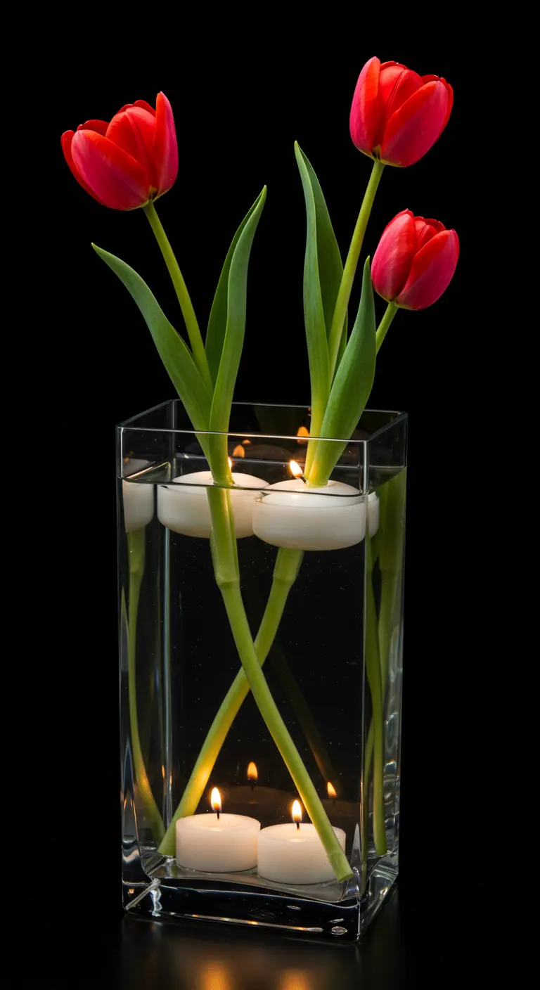Jarrón de cristal cuadrado con tulipanes rojos sumergidos y velas flotantes en la superficie.