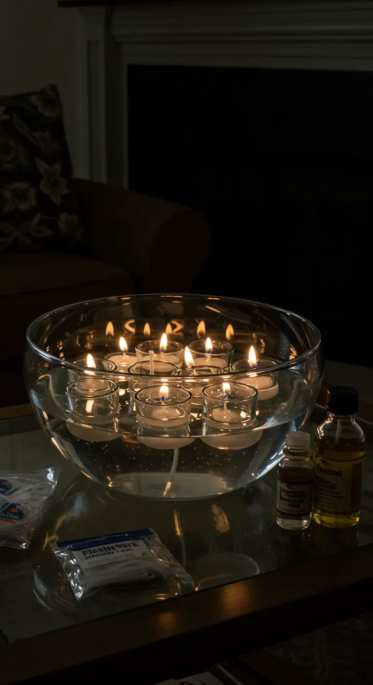 Un cuenco de cristal grande con agua y varias velas flotantes encendidas creando un ambiente íntimo.