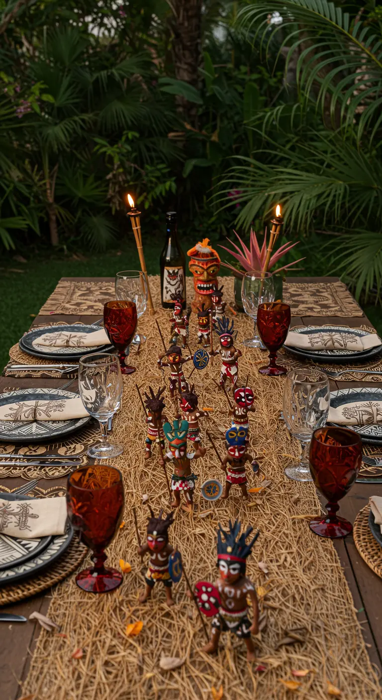 Mesa de temática polinesia con un camino de rafia, figuras tiki y mini antorchas.