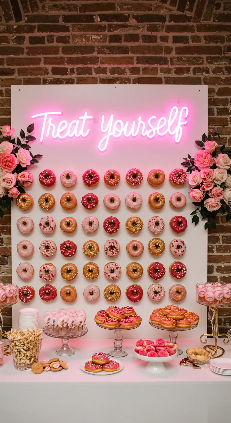 Muro de donas con un letrero de neón rosa 'Treat yourself' y flores a los lados.