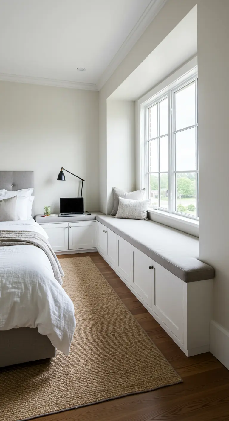 Banco blanco bajo una ventana con almacenamiento, usado como escritorio en un extremo.