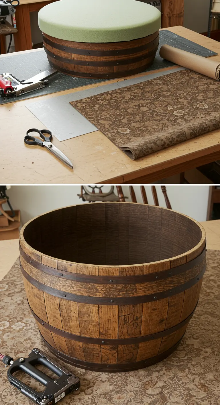 Proceso de creación de un puff tapizado utilizando medio barril de madera como base
