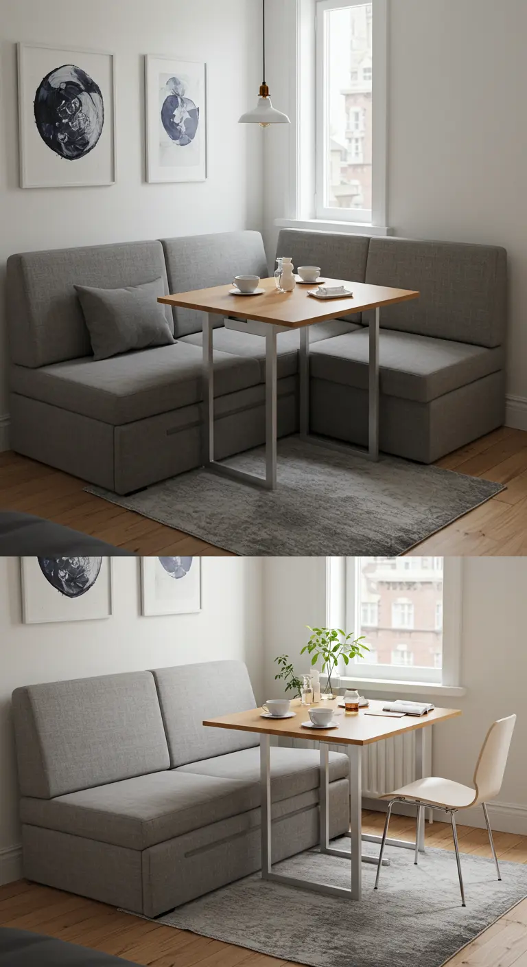 Collage que muestra cómo los módulos de un sofá gris se usan como bancos para una mesa de comedor.