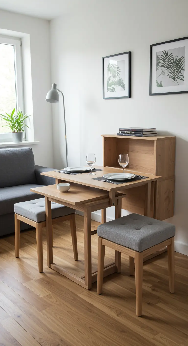 Mesa de comedor plegable con taburetes nido que se convierte en una consola de pared