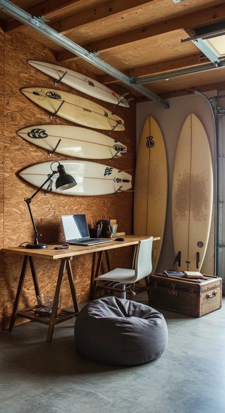 Oficina en un garaje con varias tablas de surf colgadas en la pared como decoración.