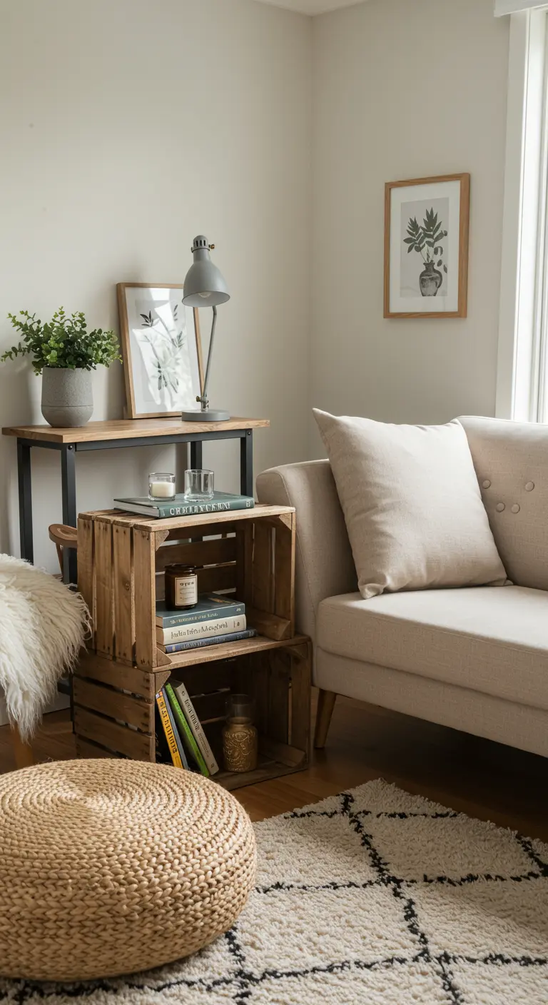 Dos cajas de fruta de madera apiladas a modo de mesita auxiliar junto a un sofá