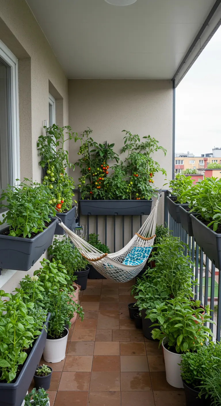 Balcón estrecho lleno de jardineras con tomates y hierbas aromáticas, con una pequeña hamaca de red