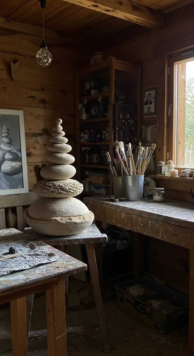 Escultura de piedras apiladas hechas con yeso y arena en un taller de artista
