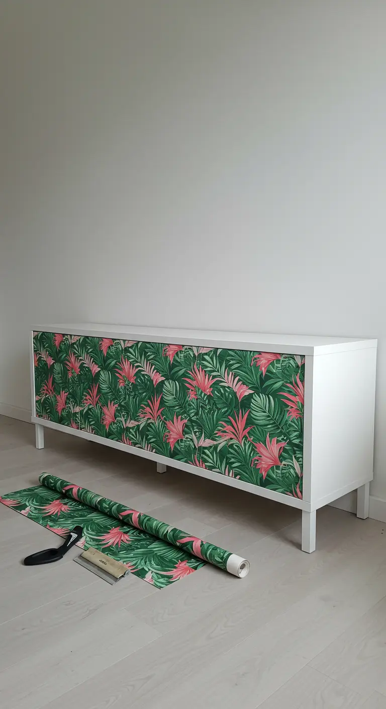 Mueble bajo y blanco de estilo moderno con las puertas forradas en un vibrante papel tapiz de hojas tropicales y flores rosas.